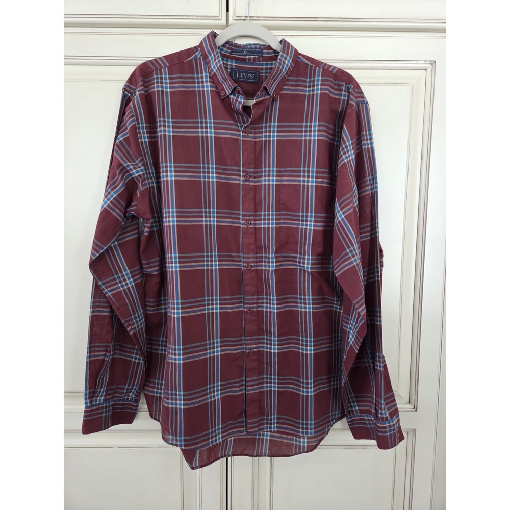 Men's Vtg Levi's Button Down Shirt Plaid Long Sleeve‎ Sz Xl Burgundy